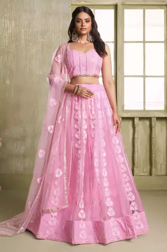 pink thread embroidered net lehenga set choli with dupatta with dupatta