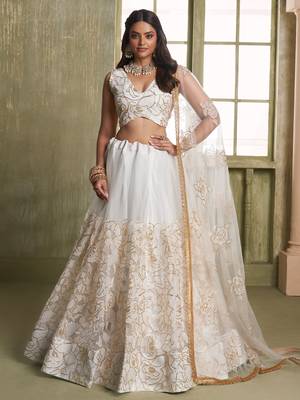 Off-White Embroidered Net Wedding Wear Lehenga Choli 1