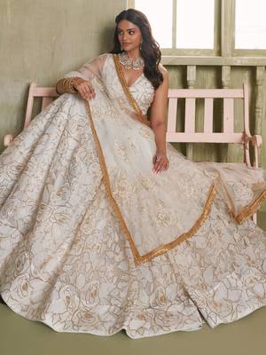 Off-White Embroidered Net Wedding Wear Lehenga Choli 3