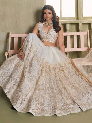 Off-White Embroidered Net Wedding Wear Lehenga Choli 4