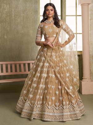 beige thread embroidered net lehenga set choli with dupatta with dupatta 1