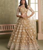 beige thread embroidered net lehenga set choli with dupatta with dupatta