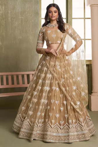 beige thread embroidered net lehenga set choli with dupatta with dupatta