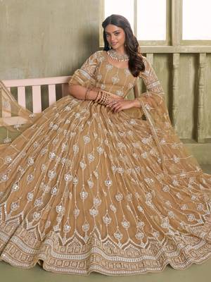 beige thread embroidered net lehenga set choli with dupatta with dupatta 3