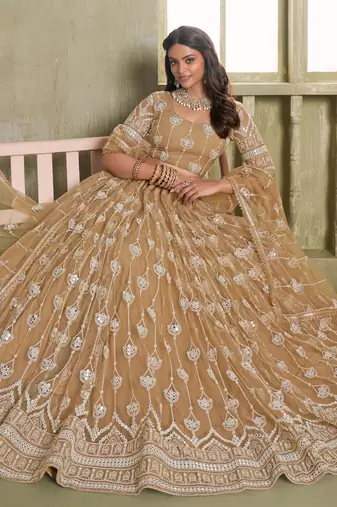beige thread embroidered net lehenga set choli with dupatta with dupatta