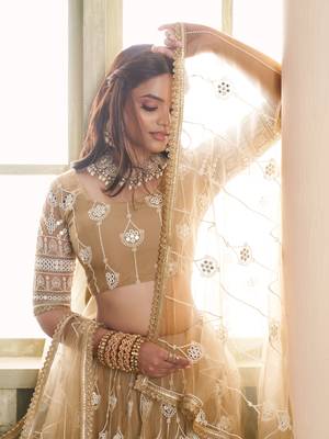 beige thread embroidered net lehenga set choli with dupatta with dupatta 4