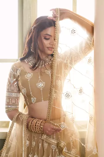 beige thread embroidered net lehenga set choli with dupatta with dupatta