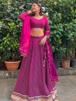 purple leheriya printed georgette festival lehenga set choli with dupatta 4