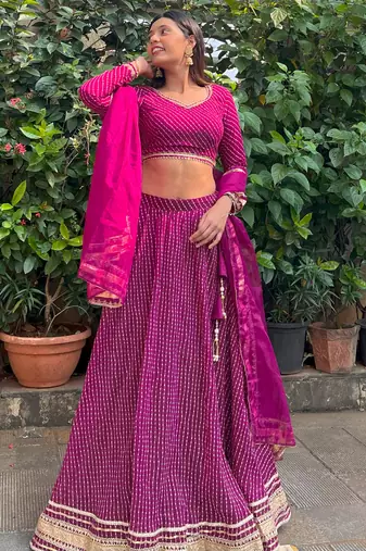 purple leheriya printed georgette festival lehenga set choli with dupatta