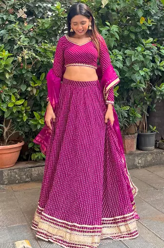 purple leheriya printed georgette festival lehenga set choli with dupatta