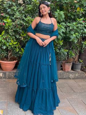 teal blue georgette party lehenga set choli with dupatta with dupatta 1