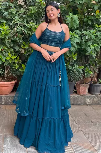 teal blue georgette party lehenga set choli with dupatta with dupatta