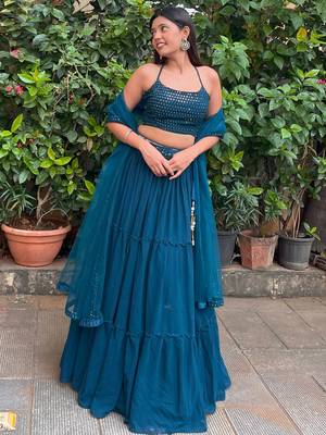 teal blue georgette party lehenga set choli with dupatta with dupatta 3