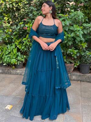 teal blue georgette party lehenga set choli with dupatta with dupatta 4