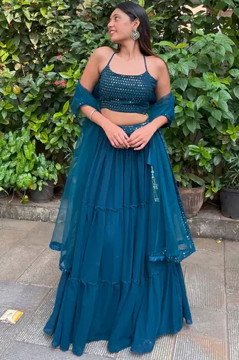 teal blue georgette party lehenga set choli with dupatta with dupatta