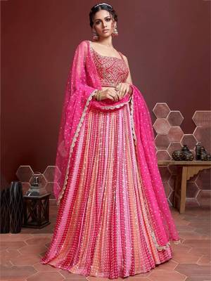 pink chinon mirror with embroidery lehenga set choli with dupatta 3