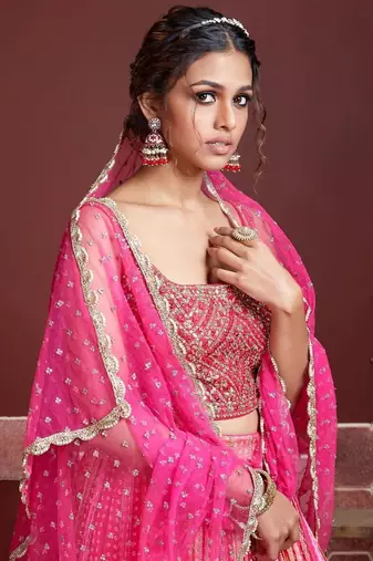 pink chinon mirror with embroidery lehenga set choli with dupatta