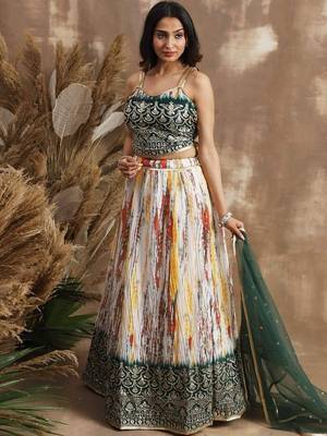 white & green sequins chinon festival lehenga set choli with dupatta 1