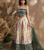 white & green sequins chinon festival lehenga set choli with dupatta