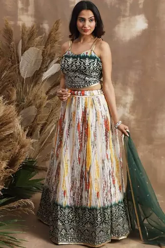white & green sequins chinon festival lehenga set choli with dupatta