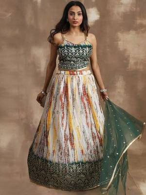 white & green sequins chinon festival lehenga set choli with dupatta 4