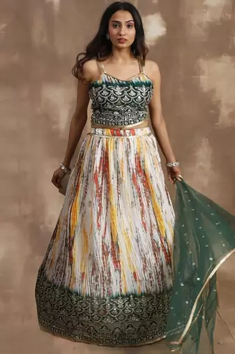 white & green sequins chinon festival lehenga set choli with dupatta