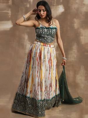white & green sequins chinon festival lehenga set choli with dupatta 5