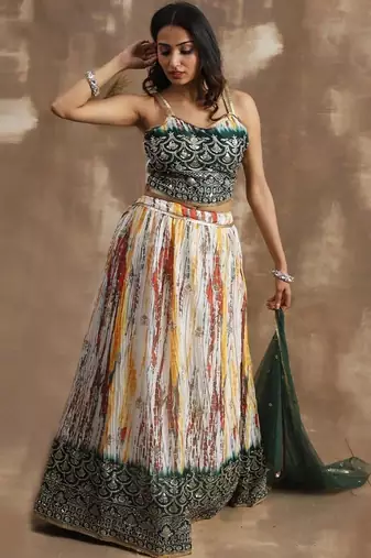 white & green sequins chinon festival lehenga set choli with dupatta