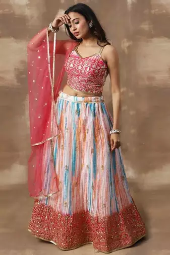 white & pink zari work chinon event lehenga set choli with dupatta
