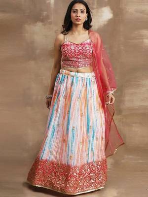 white & pink zari work chinon event lehenga set choli with dupatta 4