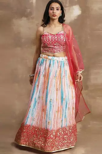 white & pink zari work chinon event lehenga set choli with dupatta