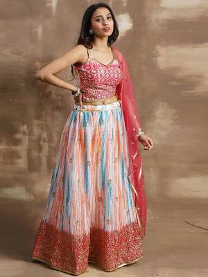 white & pink zari work chinon event lehenga set choli with dupatta 5