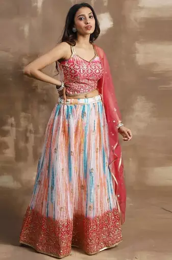 white & pink zari work chinon event lehenga set choli with dupatta