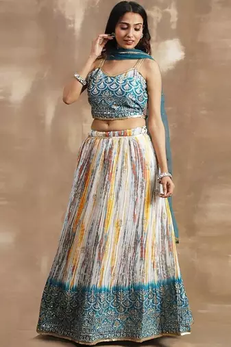 white & blue sequins chinon lehenga set choli with dupatta