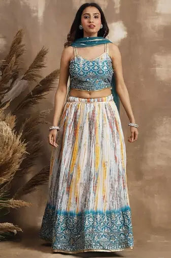 white & blue sequins chinon lehenga set choli with dupatta