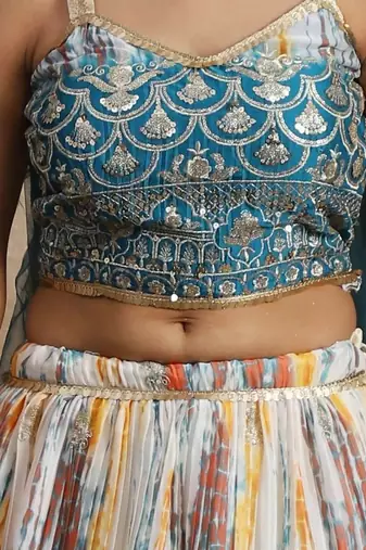 white & blue sequins chinon lehenga set choli with dupatta