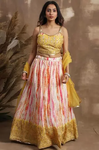 white & yellow sequins chinon haldi lehenga set choli with dupatta