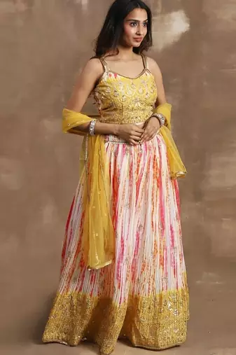 white & yellow sequins chinon haldi lehenga set choli with dupatta