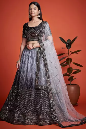 black sequins chinon lehenga set choli with dupatta
