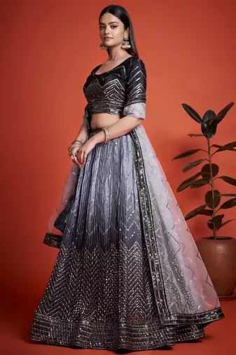 black sequins chinon lehenga set choli with dupatta