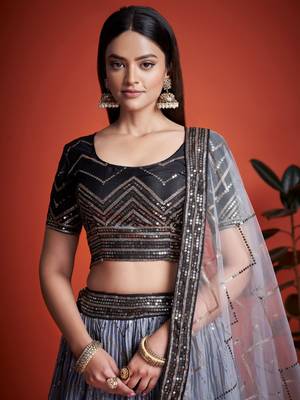 black sequins chinon lehenga set choli with dupatta 5
