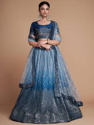 blue sequins chinon lehenga set choli with dupatta with dupatta 1