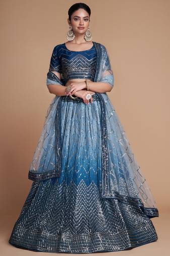 Blue Sequins Chinon Sangeet Wear Lehenga Choli With Dupatta