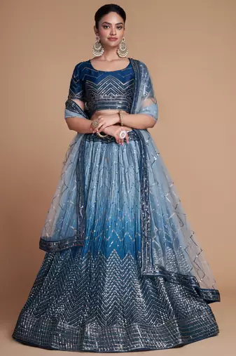 blue sequins chinon lehenga set choli with dupatta with dupatta