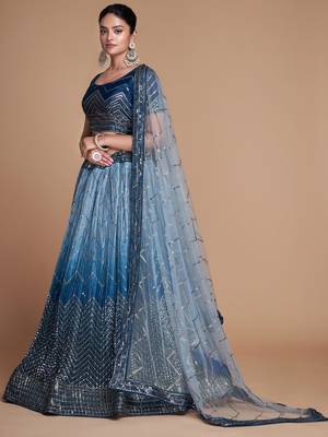 blue sequins chinon lehenga set choli with dupatta with dupatta 4