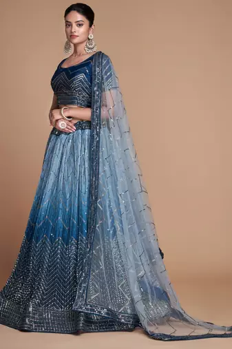 blue sequins chinon lehenga set choli with dupatta with dupatta