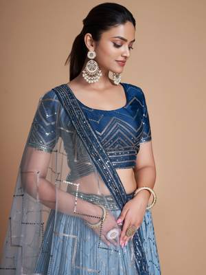 blue sequins chinon lehenga set choli with dupatta with dupatta 5