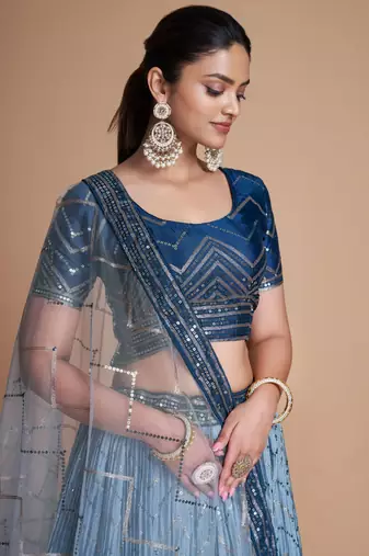 blue sequins chinon lehenga set choli with dupatta with dupatta