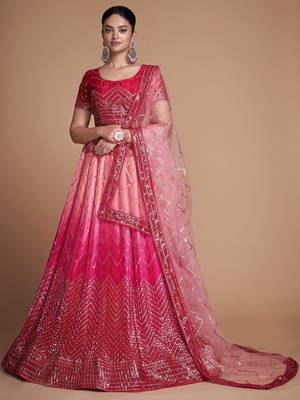 pink sequins chinon lehenga set choli with dupatta with dupatta 4