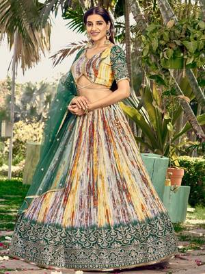 white & green shibori printed chinon lehenga set choli with dupatta with dupatta 3